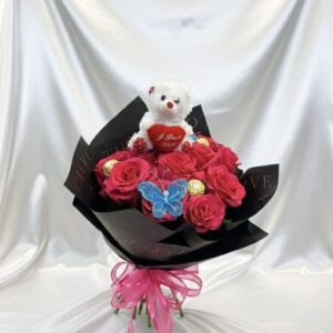 Cute Valentine Buchoncito with a bear Hot pink roses chocolate and colorful butterfly G1-42051