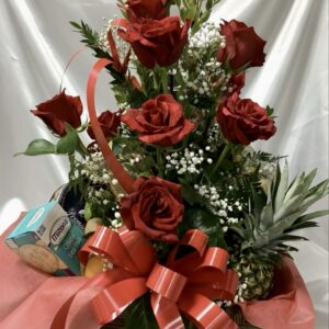 Love in basquet with asserted cookies and fruit Red Roses G1-42047